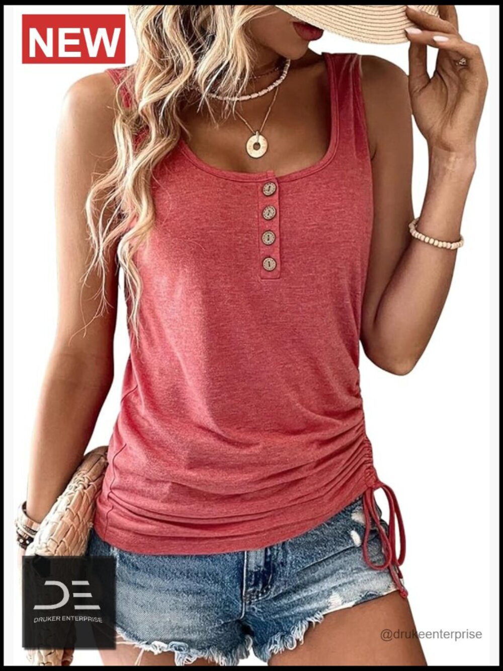 Sleeveless U-Neck Button Henley Tank Top Summer Casual